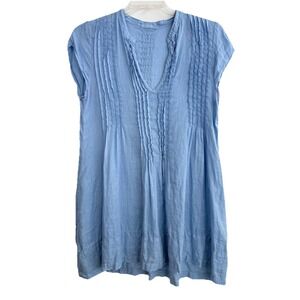 CP Shades Regina Cap Sleeve Linen Twill Tunic Womens Small Blue Linen Pintuck